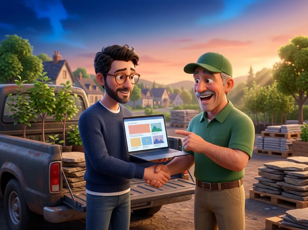 Illustration of the freelancer showing the landscaping owner his new site on a laptop, shaking hands at the owner's truck
