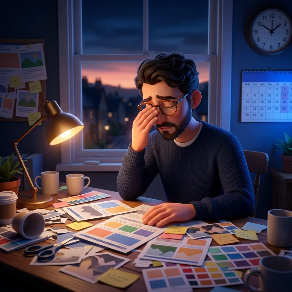Illustration of a freelancer late at night at a desk covered in printed web pages, cut-out photos and colour swatches