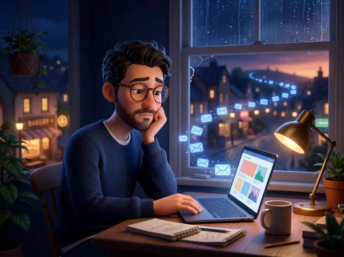 Illustration of a web freelancer at his desk late at night while his emails to local businesses drift away unanswered
