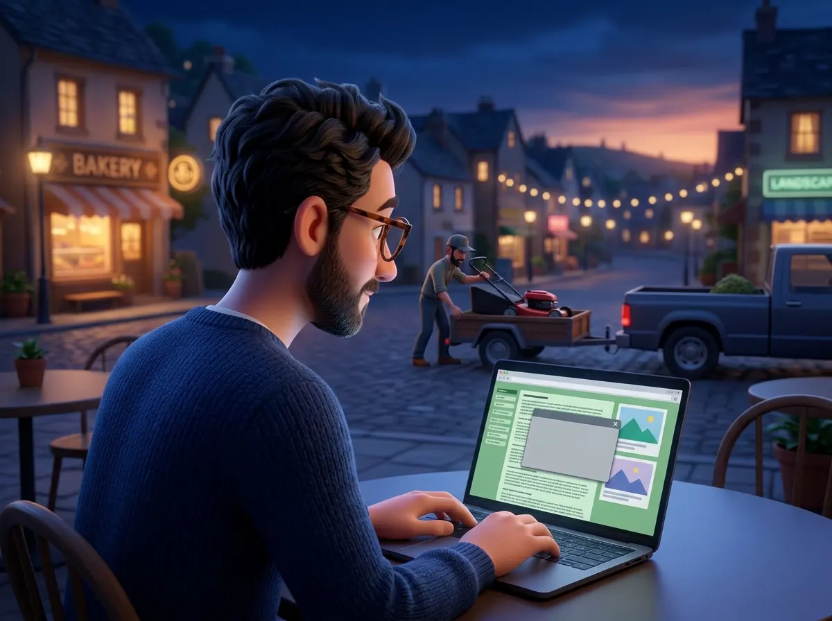 Illustration of the freelancer at a cafe looking at an old, cramped landscaping website while the landscaper loads his truck across the street
