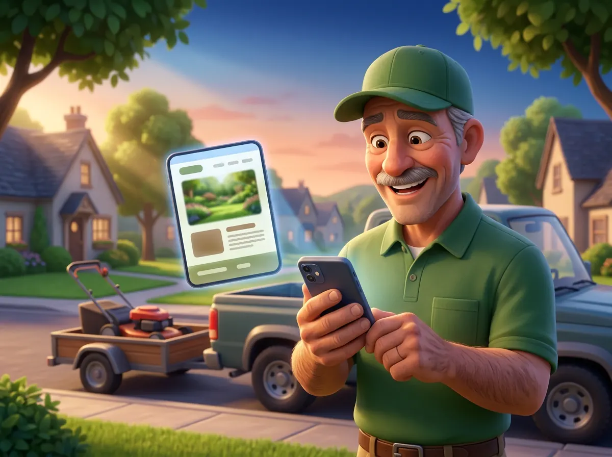 Illustration of the landscaping owner smiling at his new website on his phone beside his truck