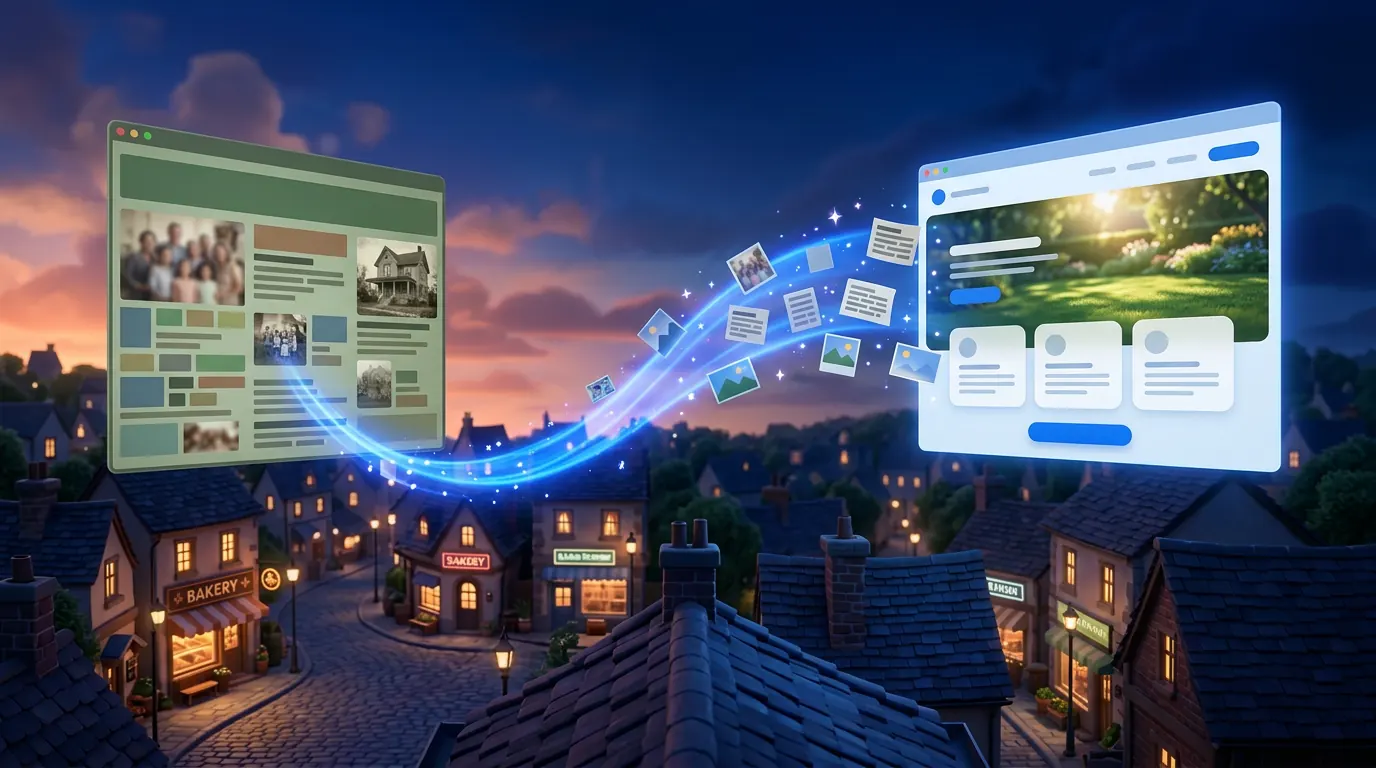 Illustration of an old cramped web page turning into a clean modern one-page site above a small town