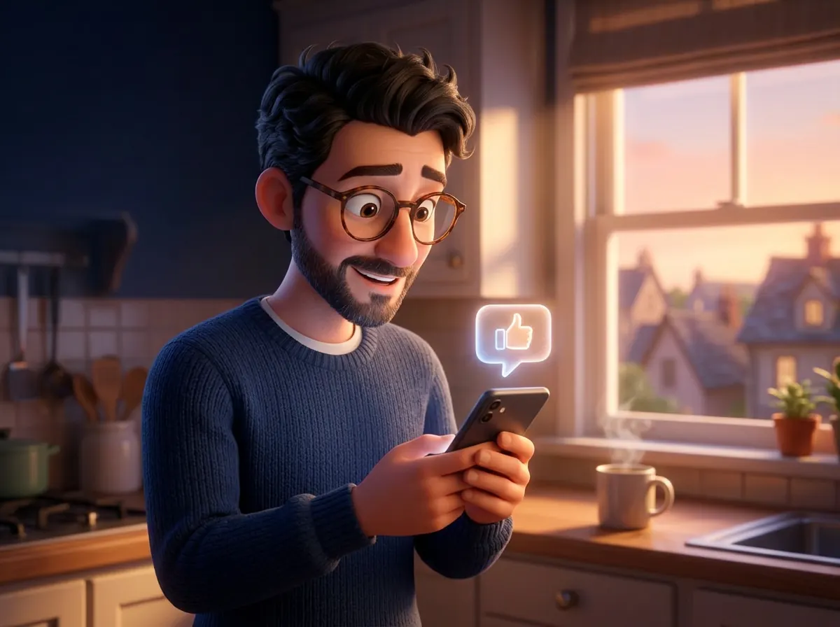 Illustration of the freelancer smiling at a reply on his phone in the morning