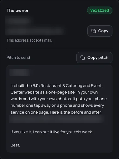 The owner panel and the pitch to send, in the last step (owner details blurred)