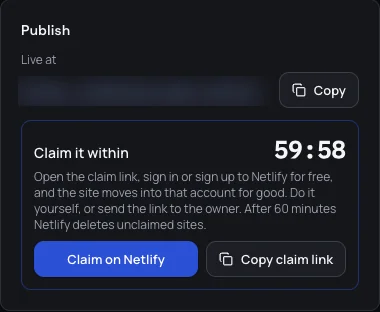 The Publish panel after publishing to Netlify: the live address and a 60-minute claim timer with Claim on Netlify and Copy claim link buttons
