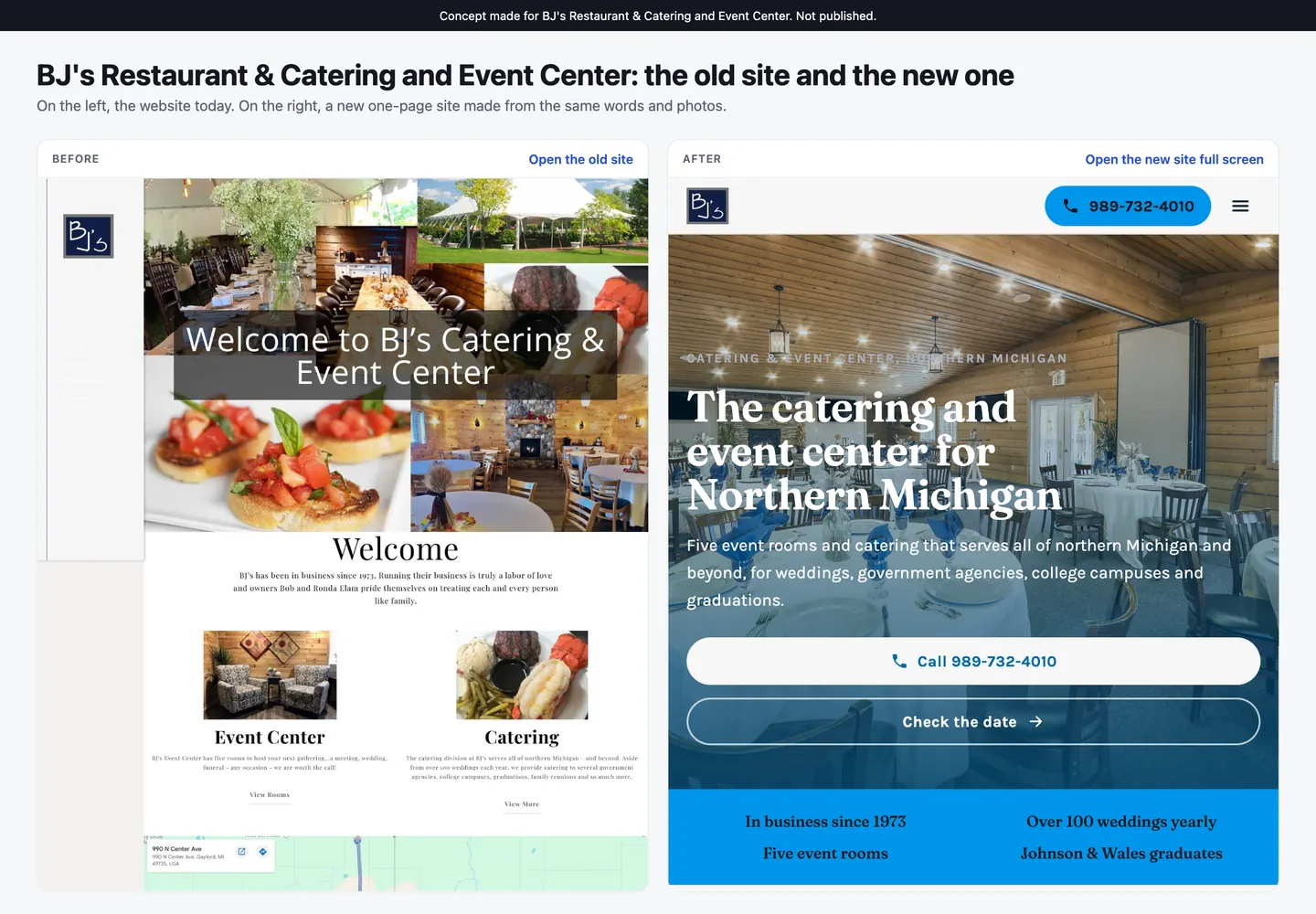 A real before and after page for BJ's Restaurant and Catering, with the concept note at the top and the old and new sites side by side