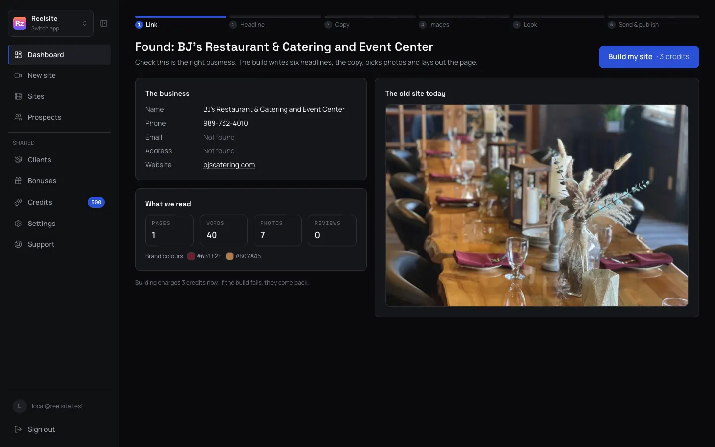 Reelsite after reading BJ's Catering: the business details, the phone, the photos and what it found