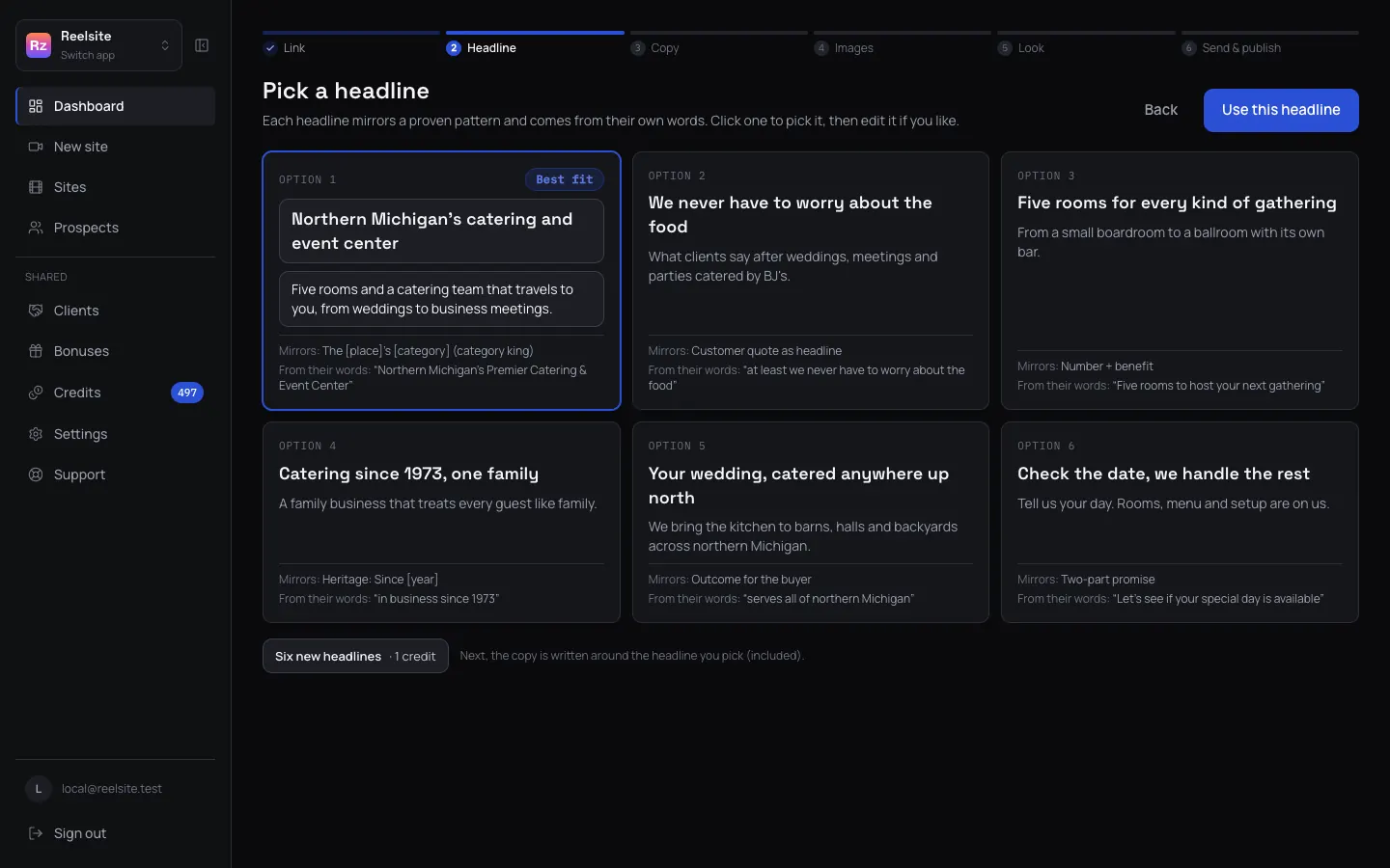 Six headline options, each with the template it follows written under it