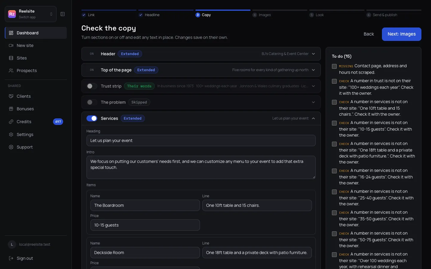 The copy step: each section tagged their words or extended, with the to-do list on the right