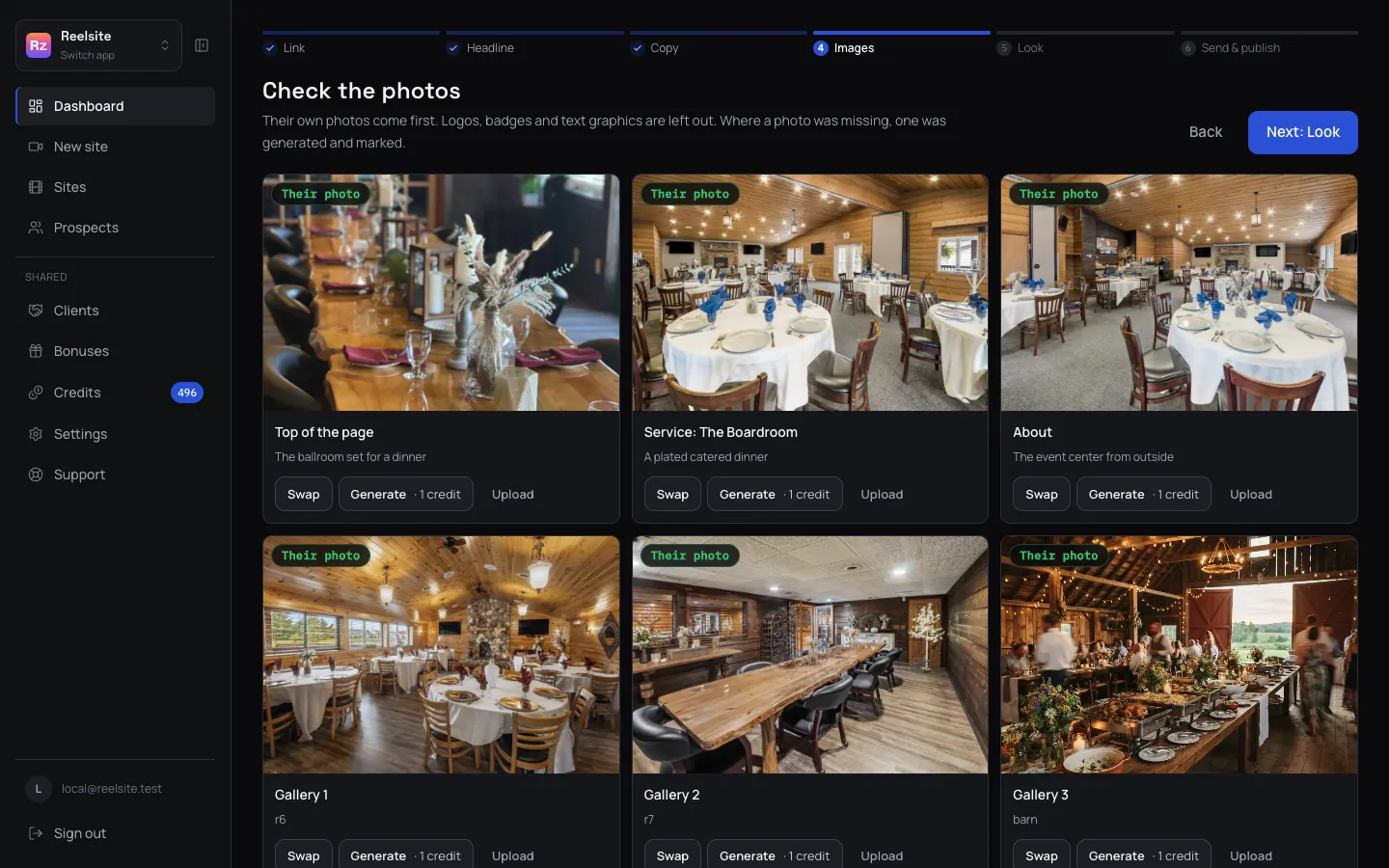 The images step: their own photos in each section, with swap, generate and upload