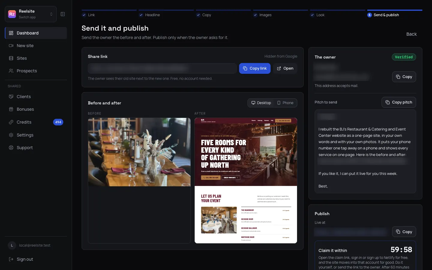 The send step: the share link, the before and after, the pitch and the Netlify publish (owner details blurred)