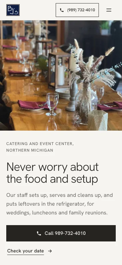 BJ's Catering in the Showroom design on a phone