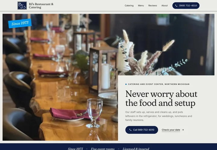 BJ's Catering in the Table design on desktop