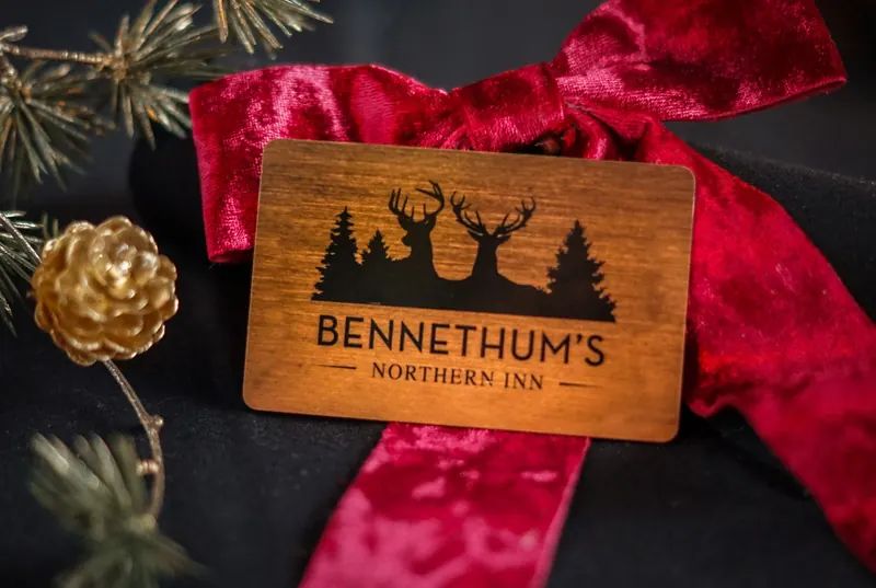 Bennethum's gift card with a velvet ribbon