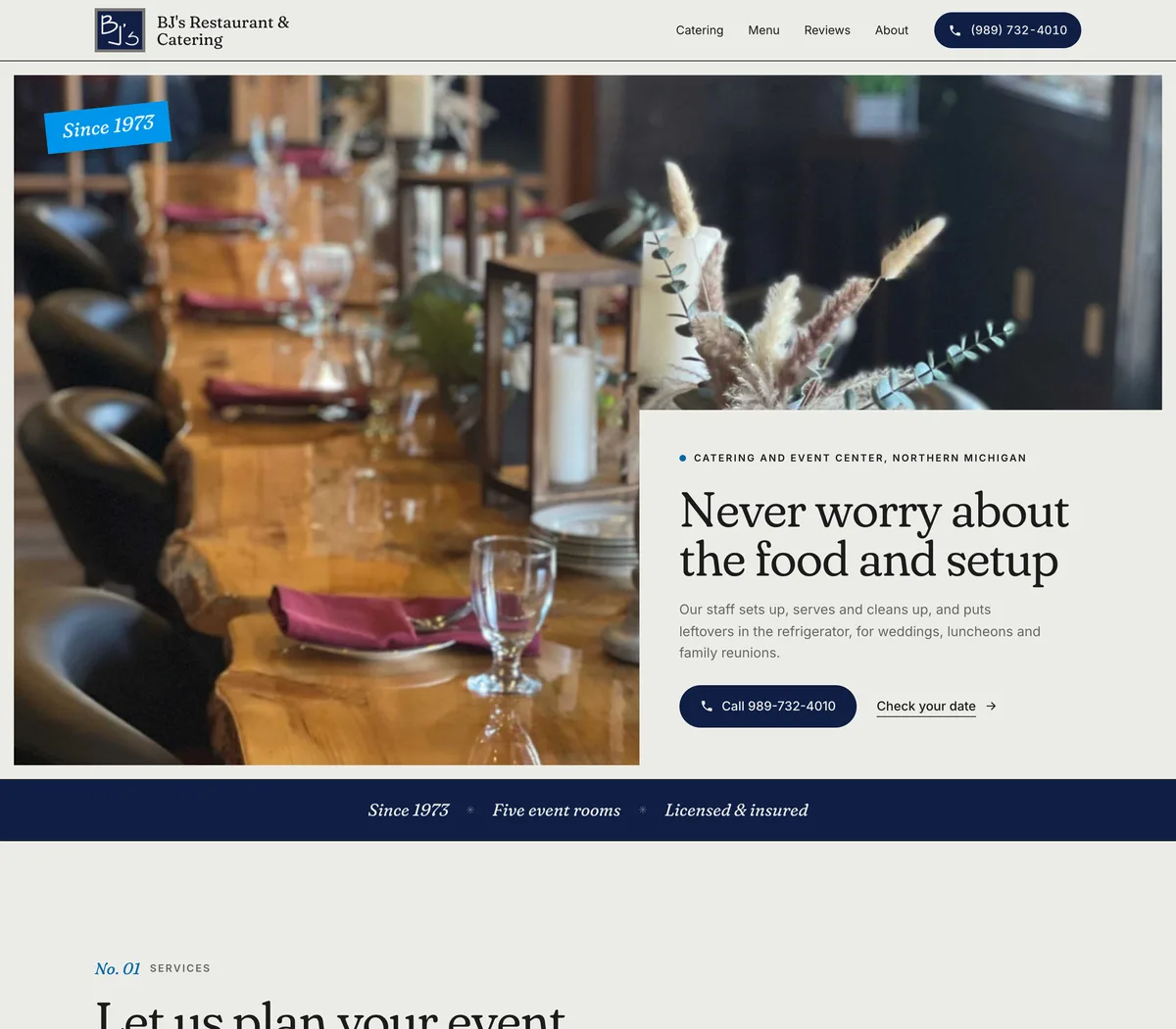 The new one-page site Reelsite built for BJ's Catering & Event Center