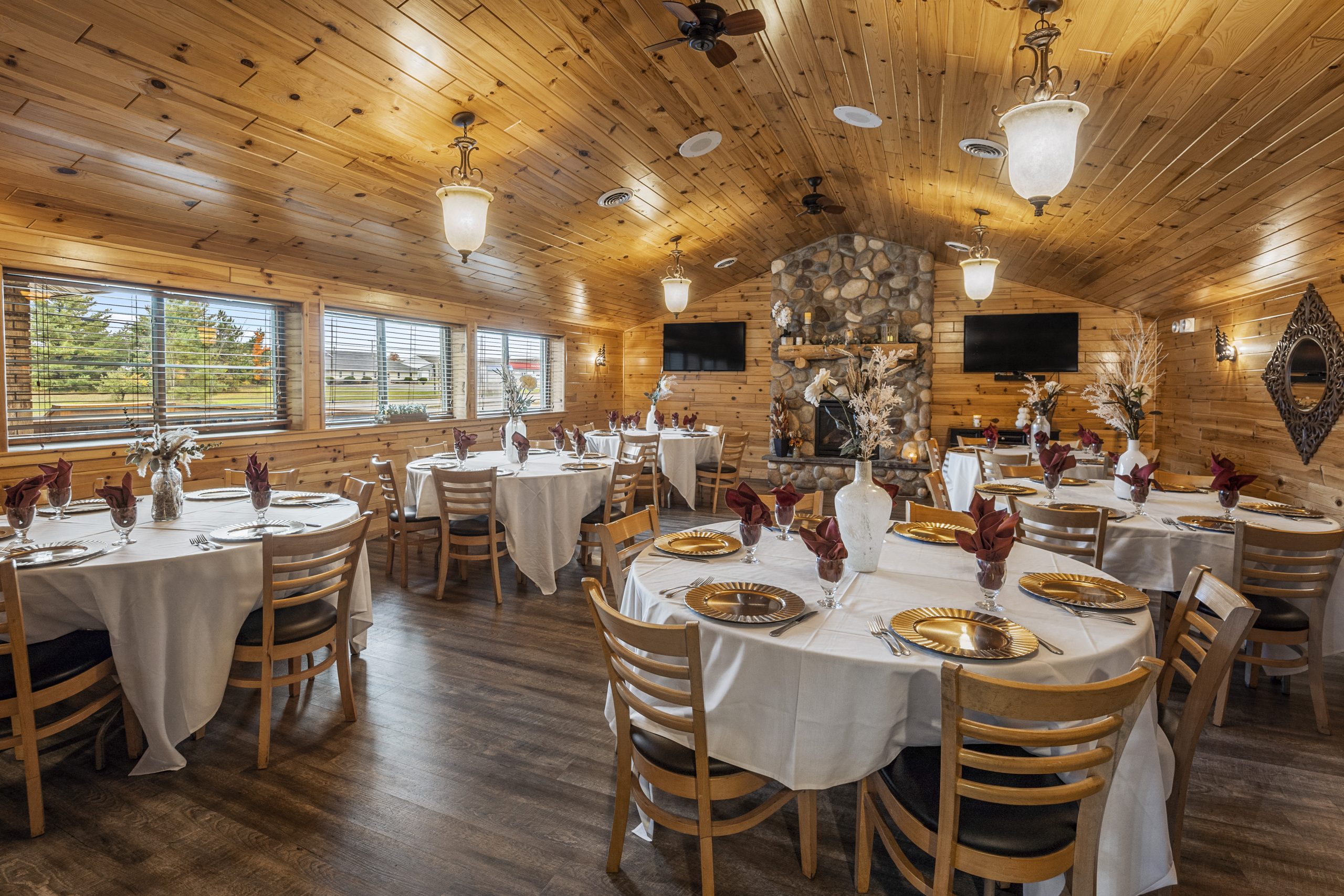 North side banquet room set with tables for a gathering