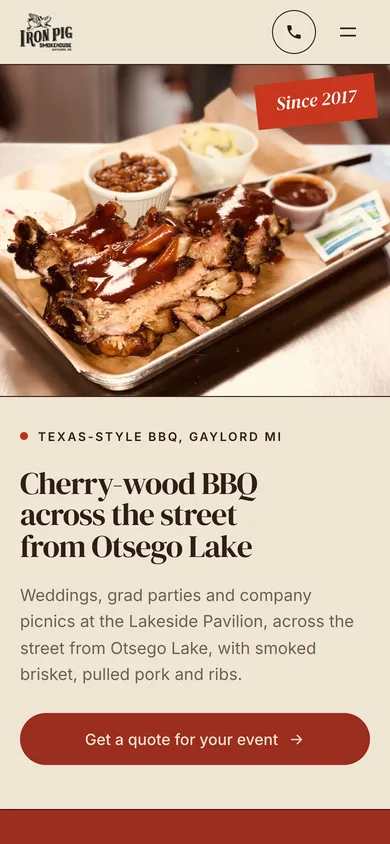 The new site for The Iron Pig Smokehouse on a phone