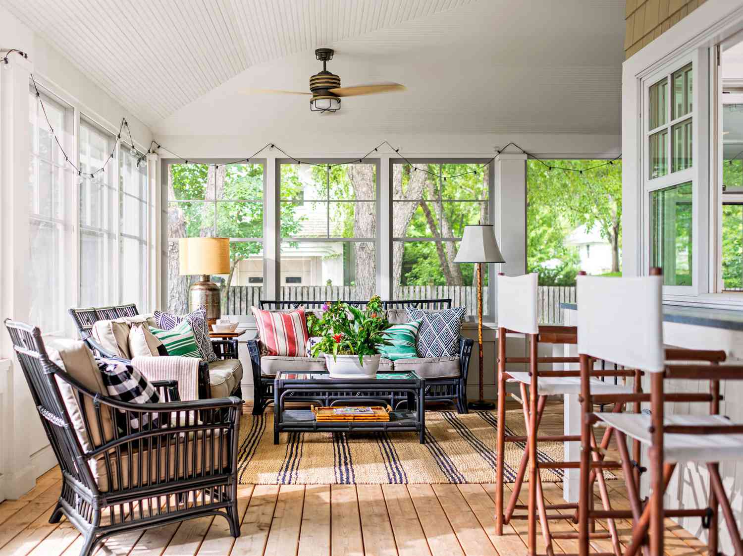 Outdoor area rug on screened porch in Northern Michigan summer setting