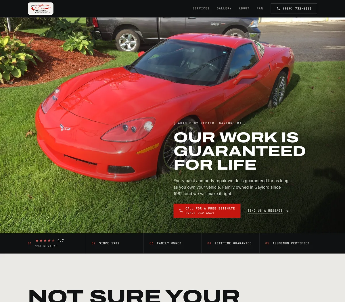 The new one-page site Reelsite built for Totten's Body Shop