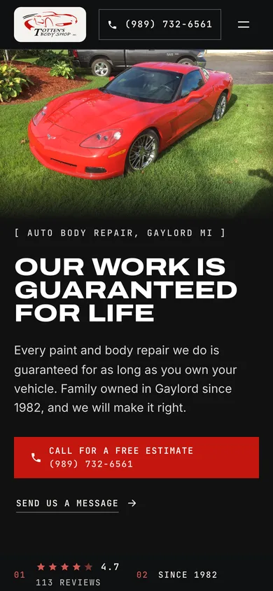 The new site for Totten's Body Shop on a phone